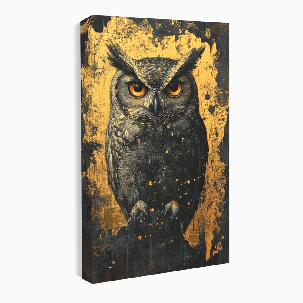 Tablou canvas cu tablou canvas cu bufnita neagra si fundal auriu, fara rama, pe sasiu de lemn